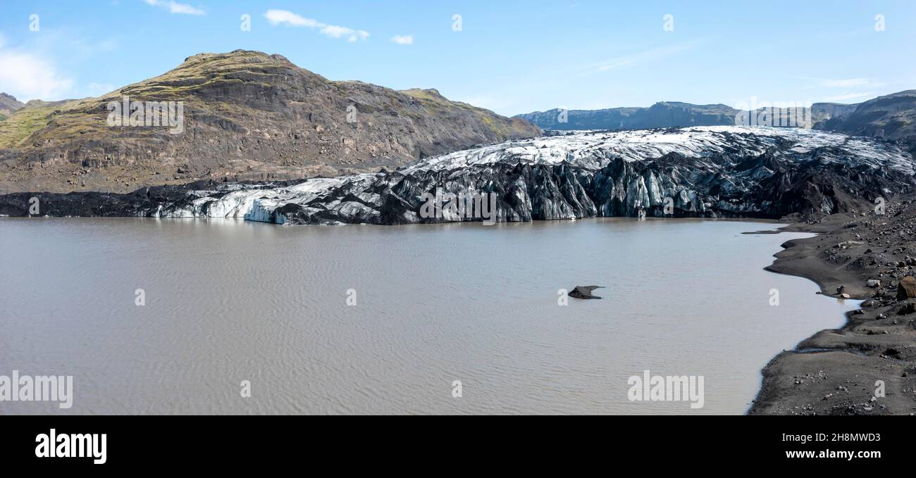 Gletschersee, Luftaufnahme, Solheimajoekull Gletscherzunge, Myrdalsjoekull Gletscher, Suourland, Island Stockfoto