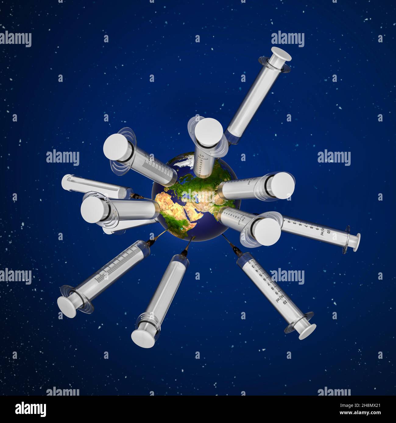 Die ganze Welt impfen Konzept: Spritzen kleben in einem Planeten Erde Modell vor dunkelblauem Hintergrund mit Sternen Stockfoto