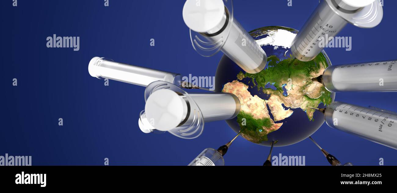 Die ganze Welt impfen Konzept: Spritzen kleben in einem Planeten Erde Modell vor dunkelblauem Hintergrund Stockfoto