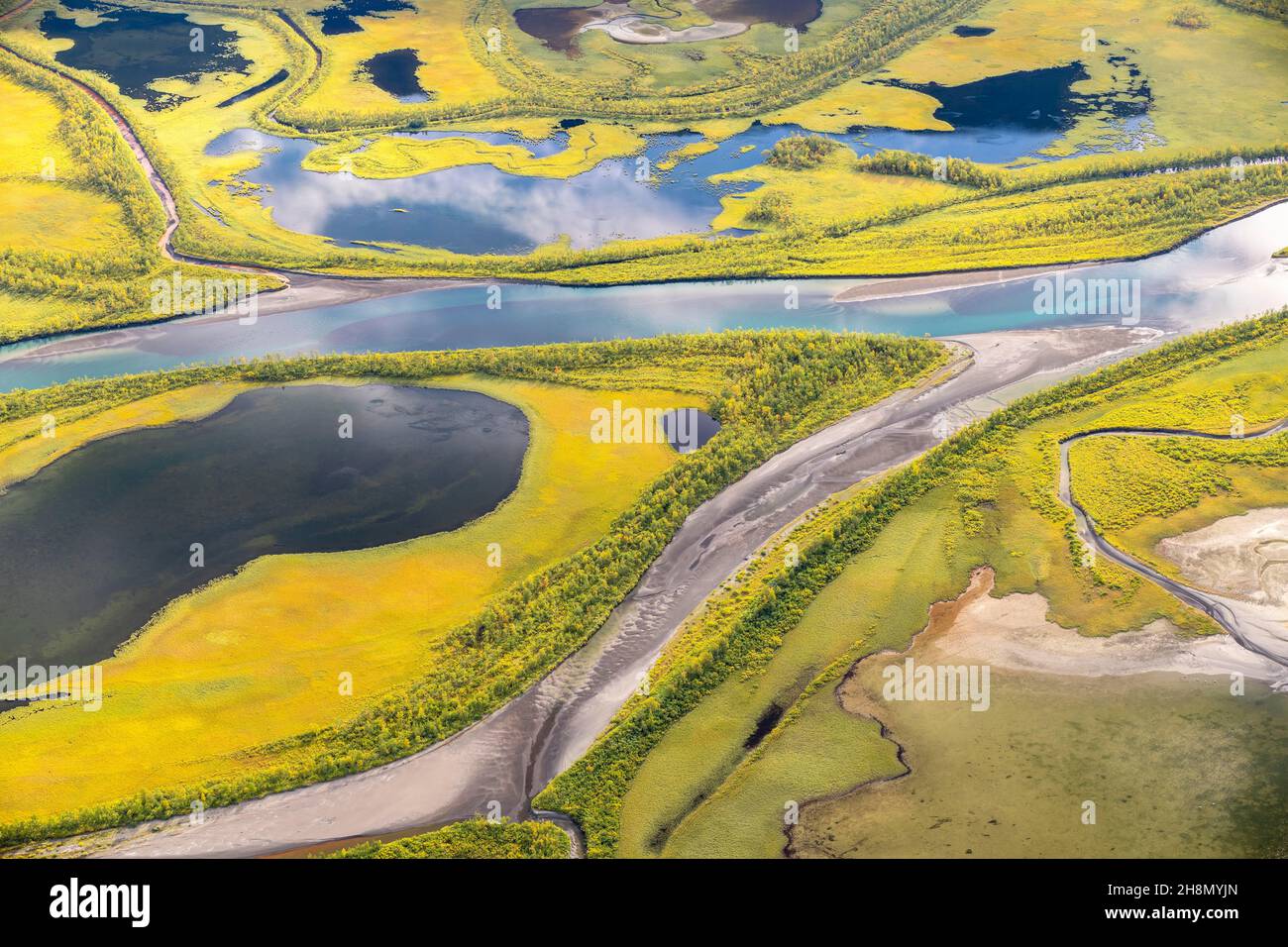 Nahaufnahme des Rapadalen-Flussdeltas, des Rapaaelv-Flusses, des Sarek-Nationalparks, Laponia, Lappland, Schweden Stockfoto