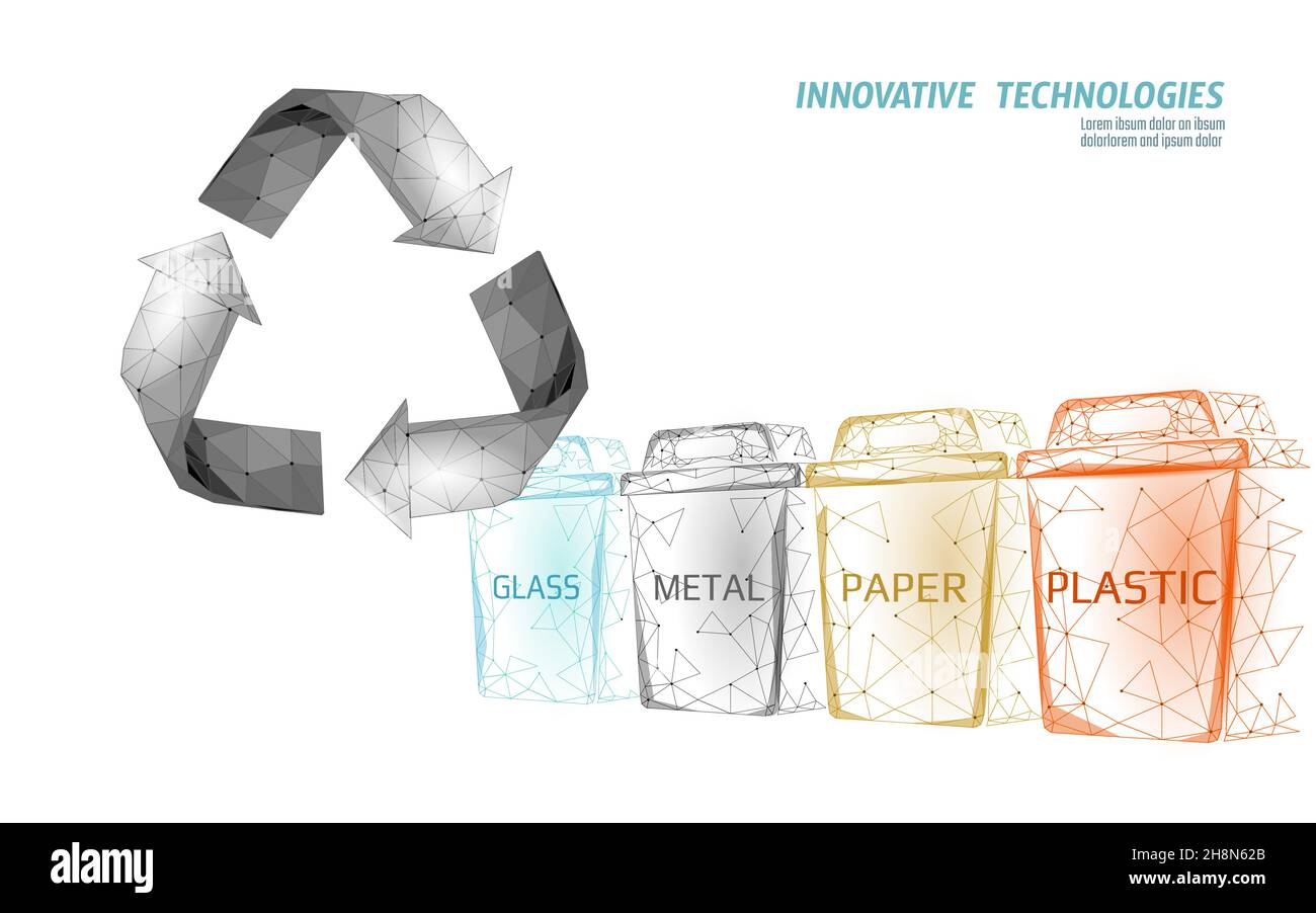 Low Poly Abfalltrennung 3D-Konzept. Garbage Recycling Kunststoff Aluminium Papier Glas container bin. Polygonale ökologische Speichern planet Kampagne. Urban Stock Vektor