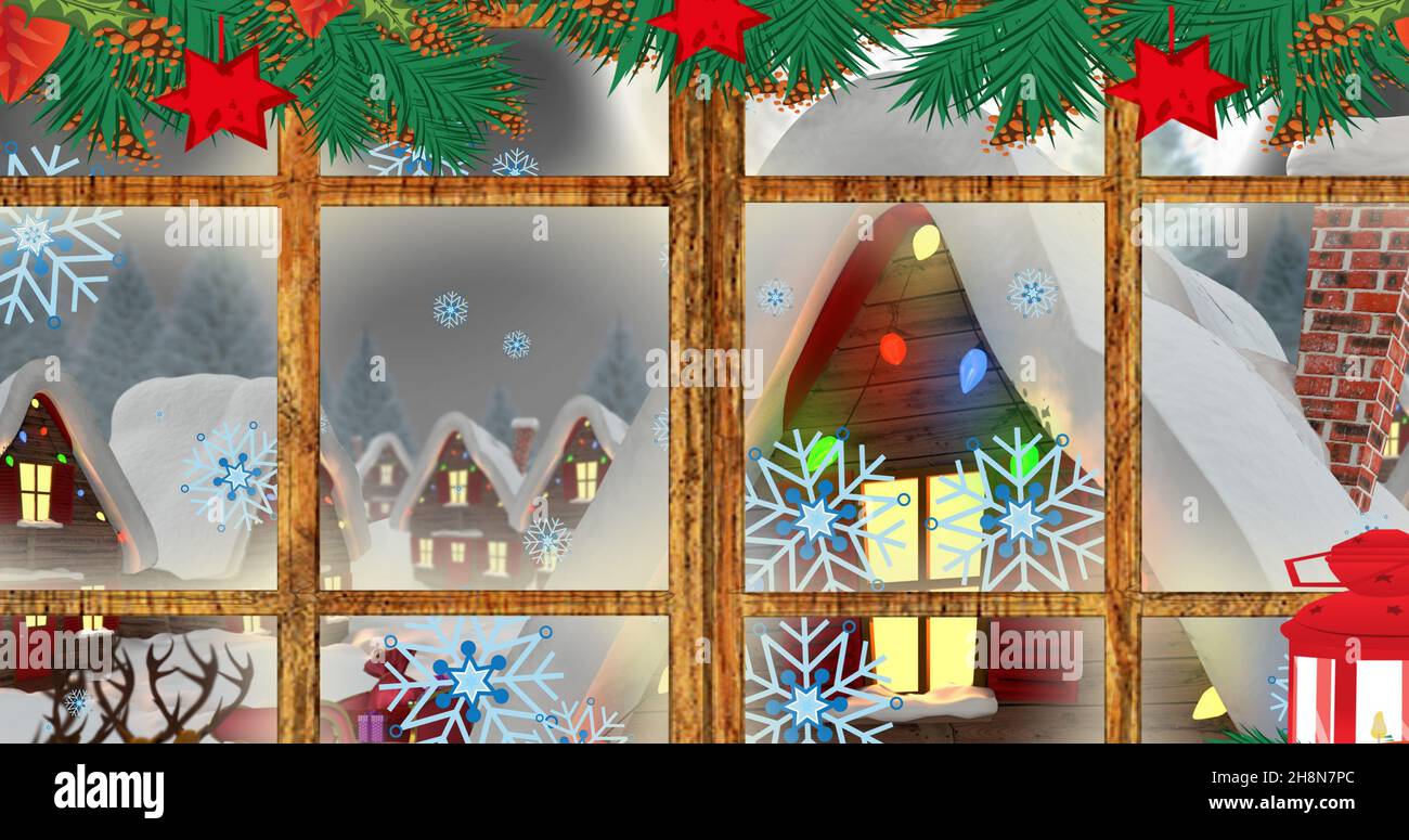 Vektor-Bild von beleuchteten dekorierten Haus durch Fenster gesehen Stockfoto