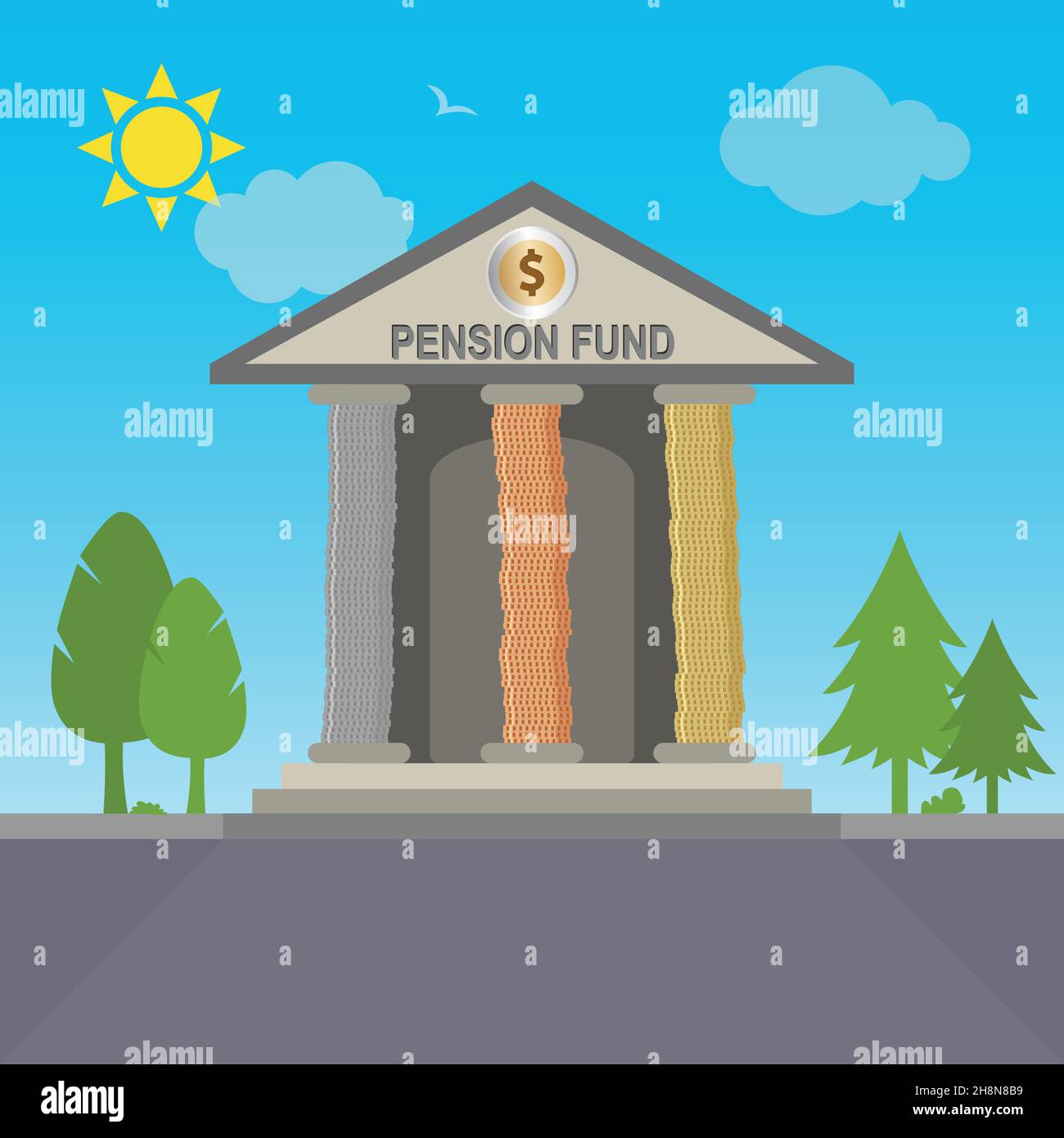 Gebäude der Pensionskasse mit Säulen aus Münzen und dem Dollarsymbol darauf Stock Vektor