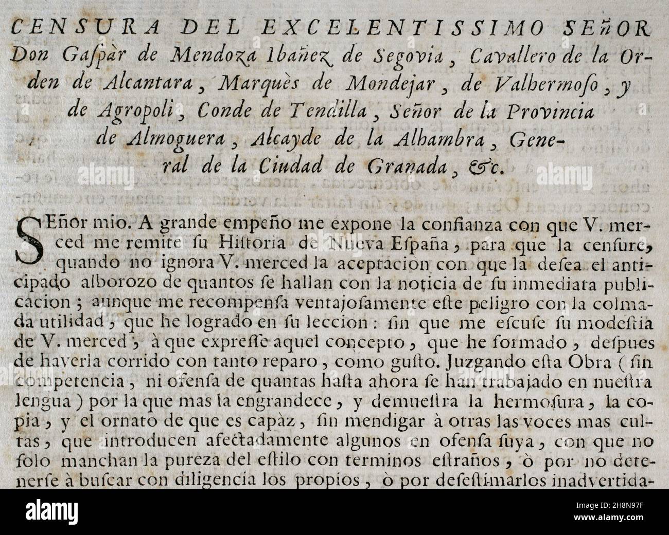 Mißtrauensanfalle des Historikers und Bibliophilen Gaspar Ibáñez de Segovia (1628-1708), Marquis von Mondéjar. 'Historia de la Conquista de México, población, y progressos de la América septentrional, conocida por el nombre de Nueva España' (Geschichte der Eroberung Mexikos, der Bevölkerung und des Fortschritts Nordamerikas, bekannt unter dem Namen Neuspanien). Ausgabe erschienen in Barcelona, 1756. Druckerei von Lucas de Bezares y Urrutia. Historische Militärbibliothek von Barcelona. Katalonien, Spanien. Autor: Antonio Solís Rivadeneyra (1610-1686). Verfasser. Chronist der Indies und spanischer Historiker. Stockfoto