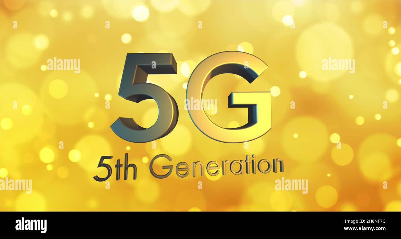 Bild von text der 5G 5th. Generation über Goldflecken Stockfoto