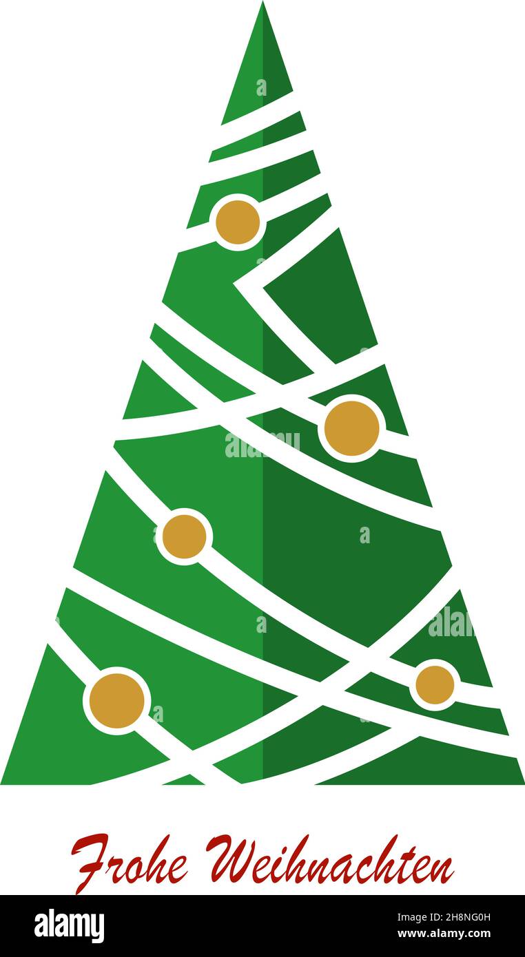 Weihnachtsbaum-Vektor mit goldenen Kugeln und deutschen Grüßen auf weißem Hintergrund. Übersetzung Deutsch ins Englische: Frohe Weihnachten ist Frohe Weihnachten. Stock Vektor