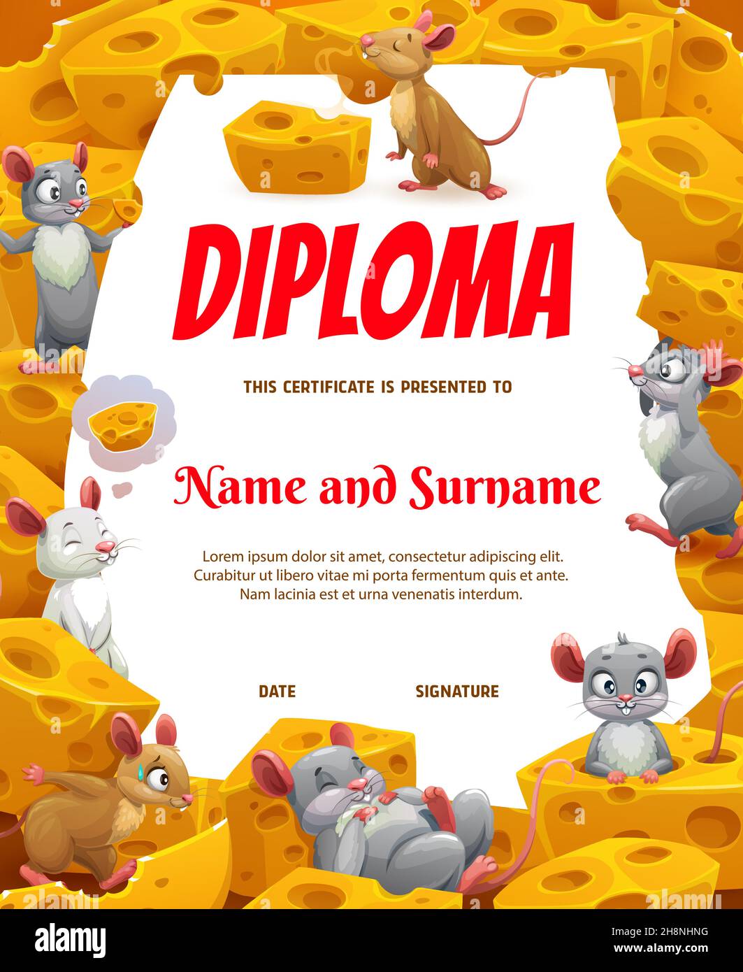 Cartoon lustige Mäuse und Käse auf Kinder Diplom. Schulabschluss oder Zertifikat, Abschlusszeugnis mit lustigen Mäusen oder Mäusen cartoo Stock Vektor
