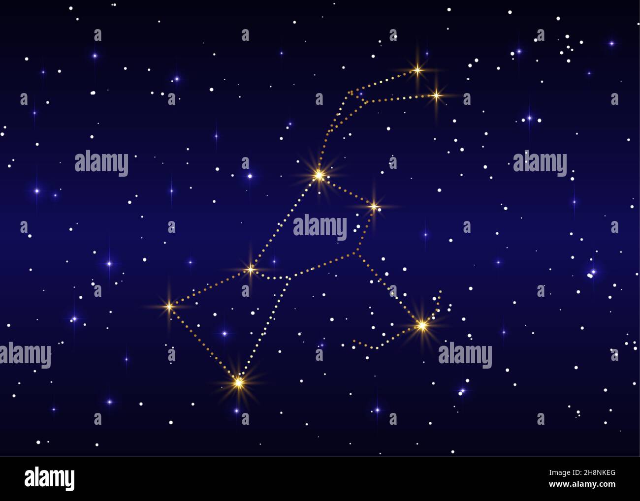 Orion-Konstellation, Vektordarstellung gegen den Sternenhimmel, Darstellung von Luxus-Gold im blauen Galaxienhintergrund Stock Vektor