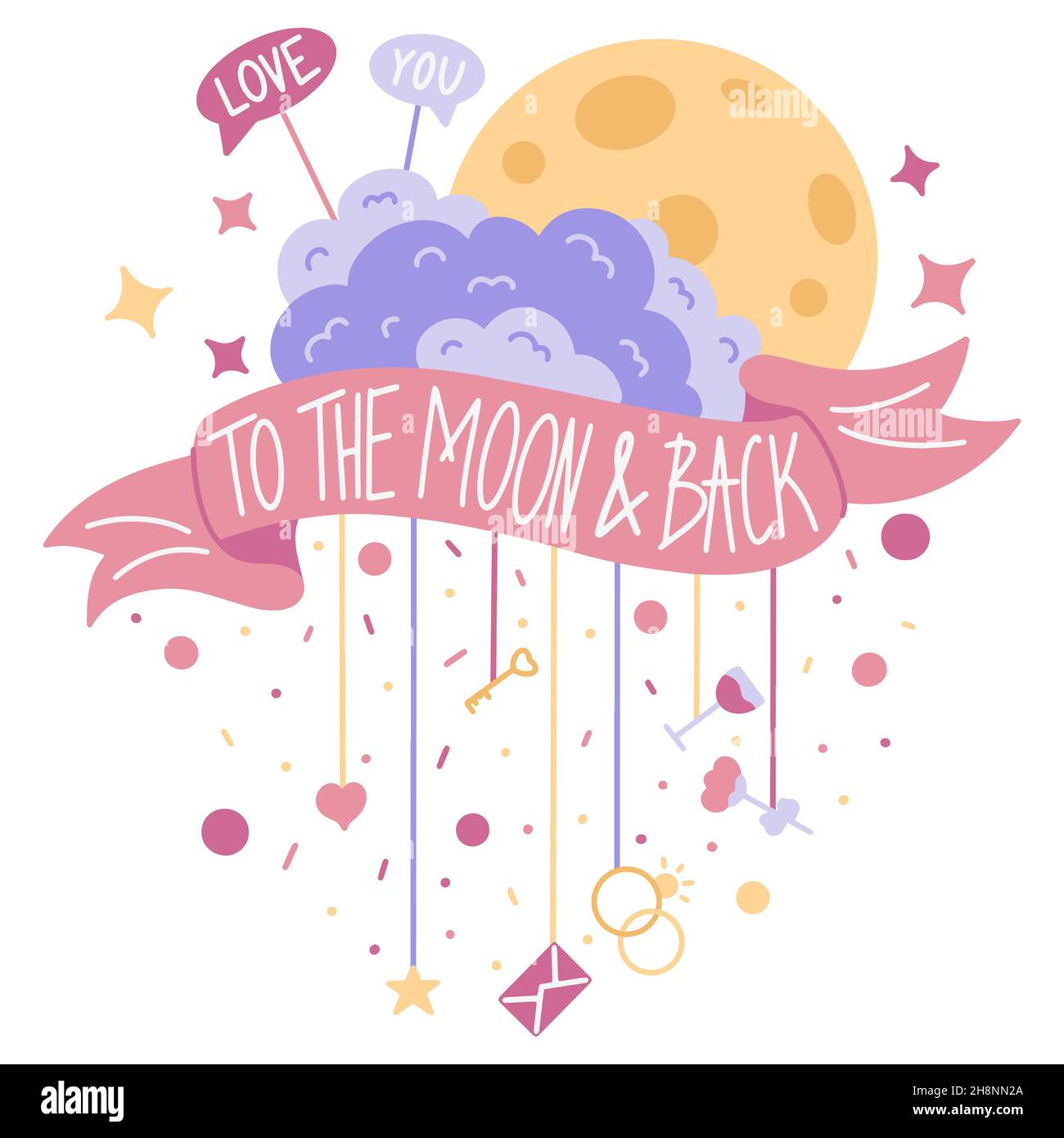 Grußkarte zum Valentinstag mit dem Bild der Wolken und des Mondes, eingewickelt mit einem Band-Banner, mit einer Liebesbotschaft, Ich liebe dich zum Mond und zurück Stock Vektor