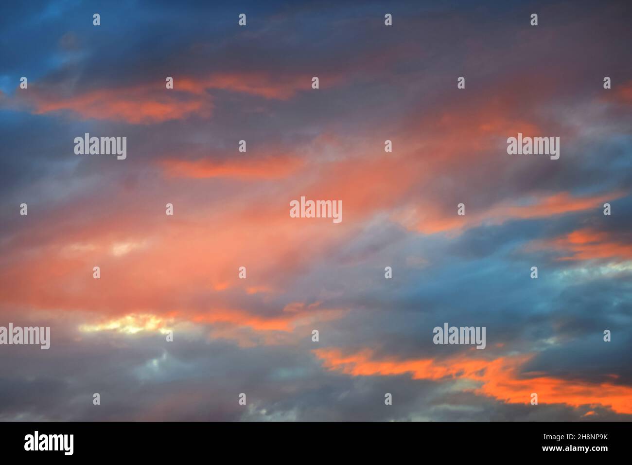 Farbenfrohe, feurige Sonnenuntergänge, dramatischer Himmel in orange und blauen Farben. Natürlicher Hintergrund. Lichtstrahlen, die durch dunkle Wolken leuchten. Stockfoto