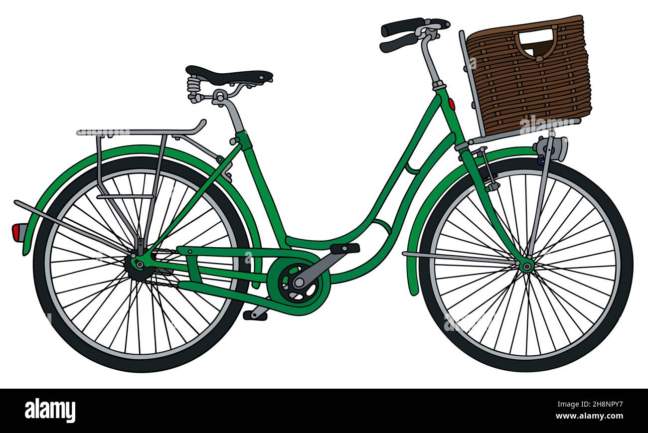 Handzeichnung eines klassischen grünen Fahrrads mit Korb Stockfoto