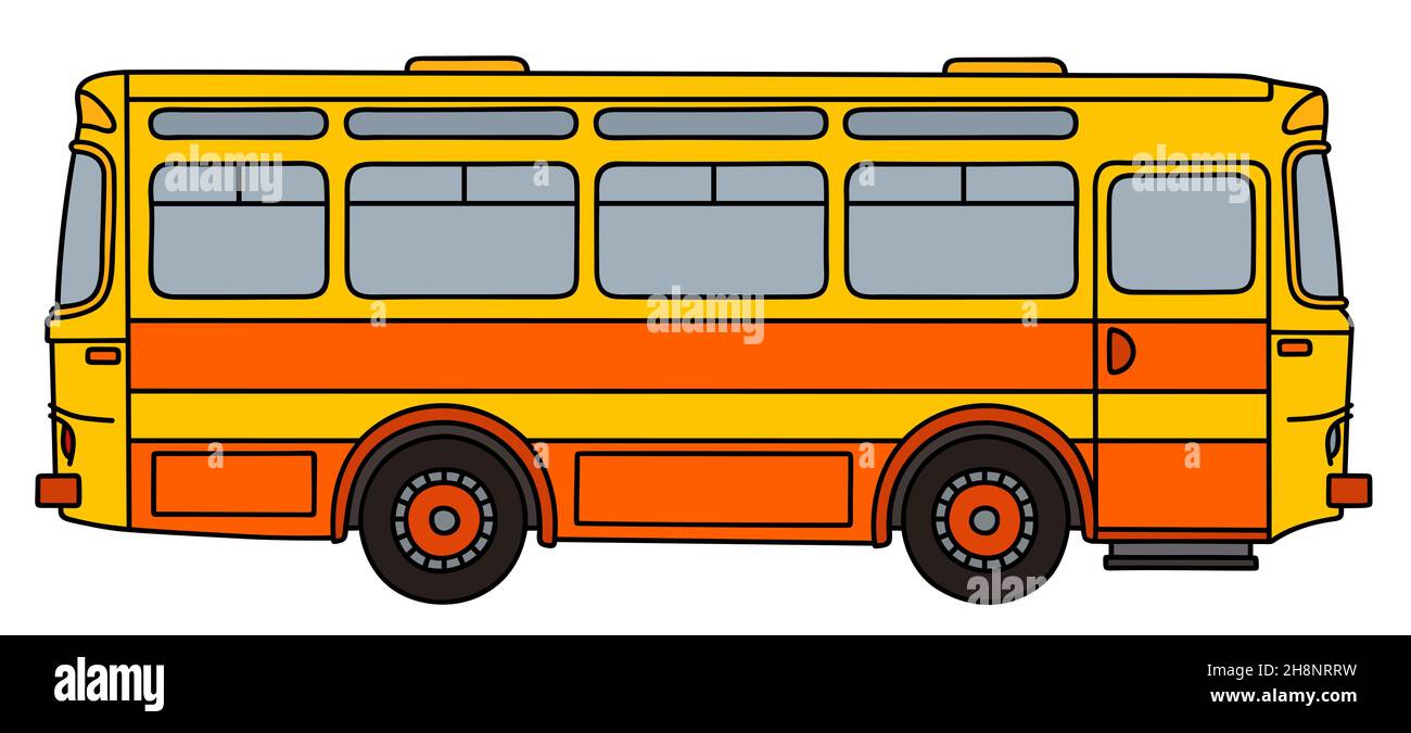 Handzeichnung eines alten gelben und orangen Busses Stockfoto