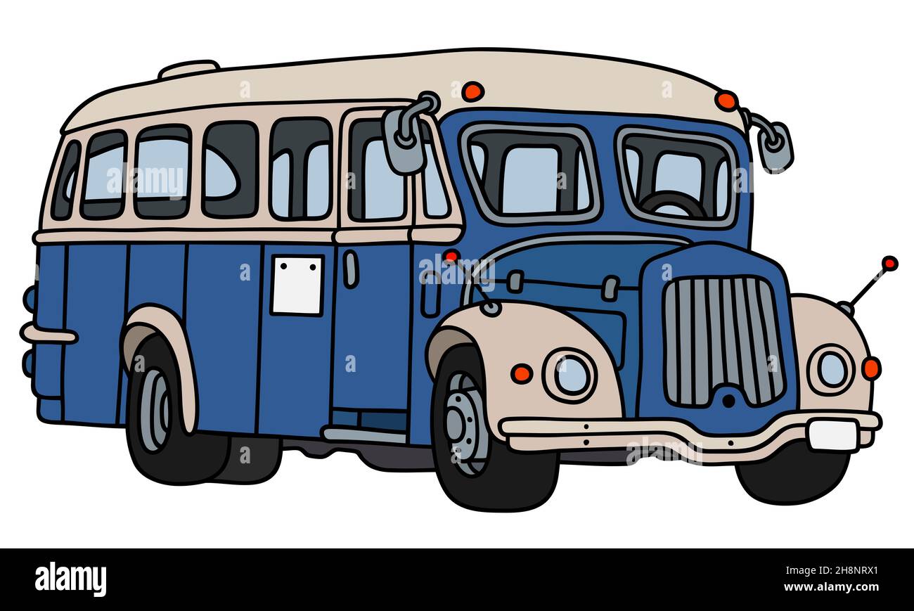 Handzeichnung eines blauen und cremefarbenen Busses Stockfoto