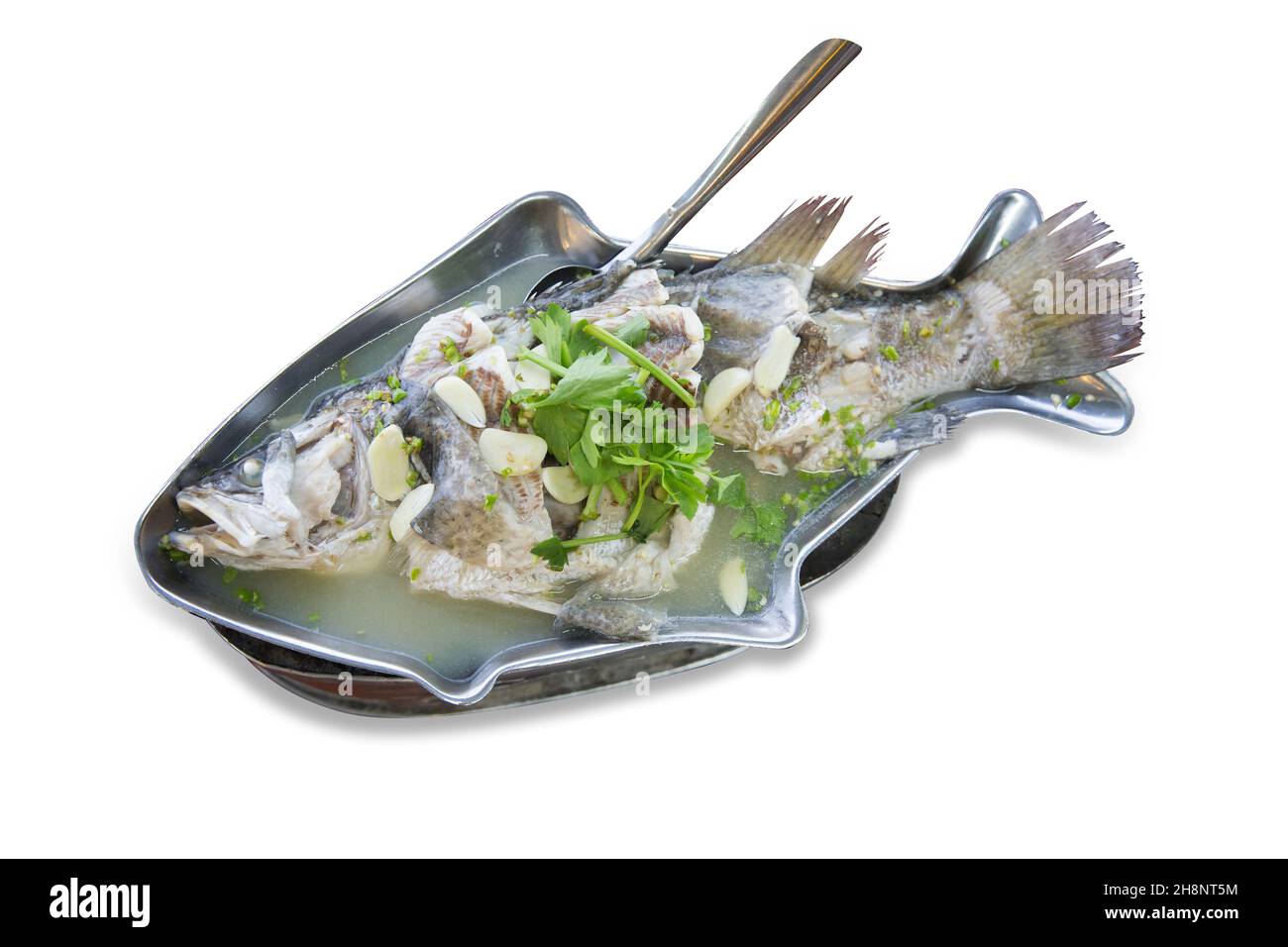Stempelschnitt aus gedämpftem Seebarsch mit Kalk und Chilis auf weiß isoliert. Stockfoto