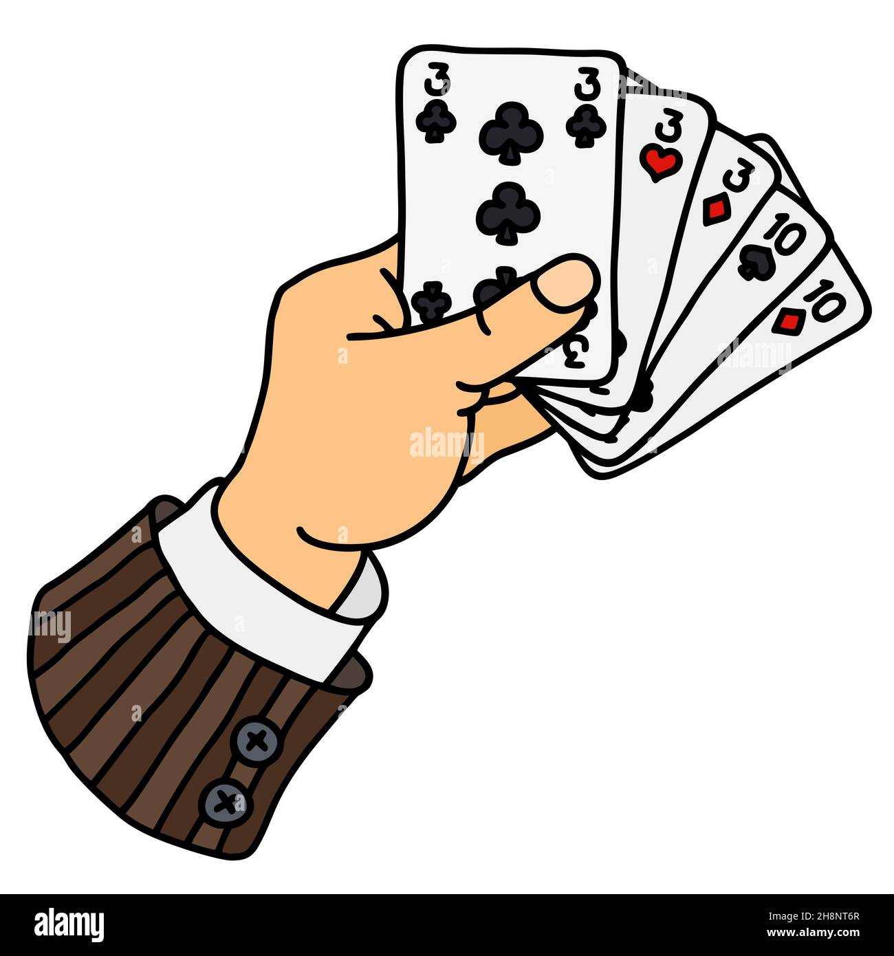 Volles Haus von Poker-Karten in lustiger Hand Stockfoto