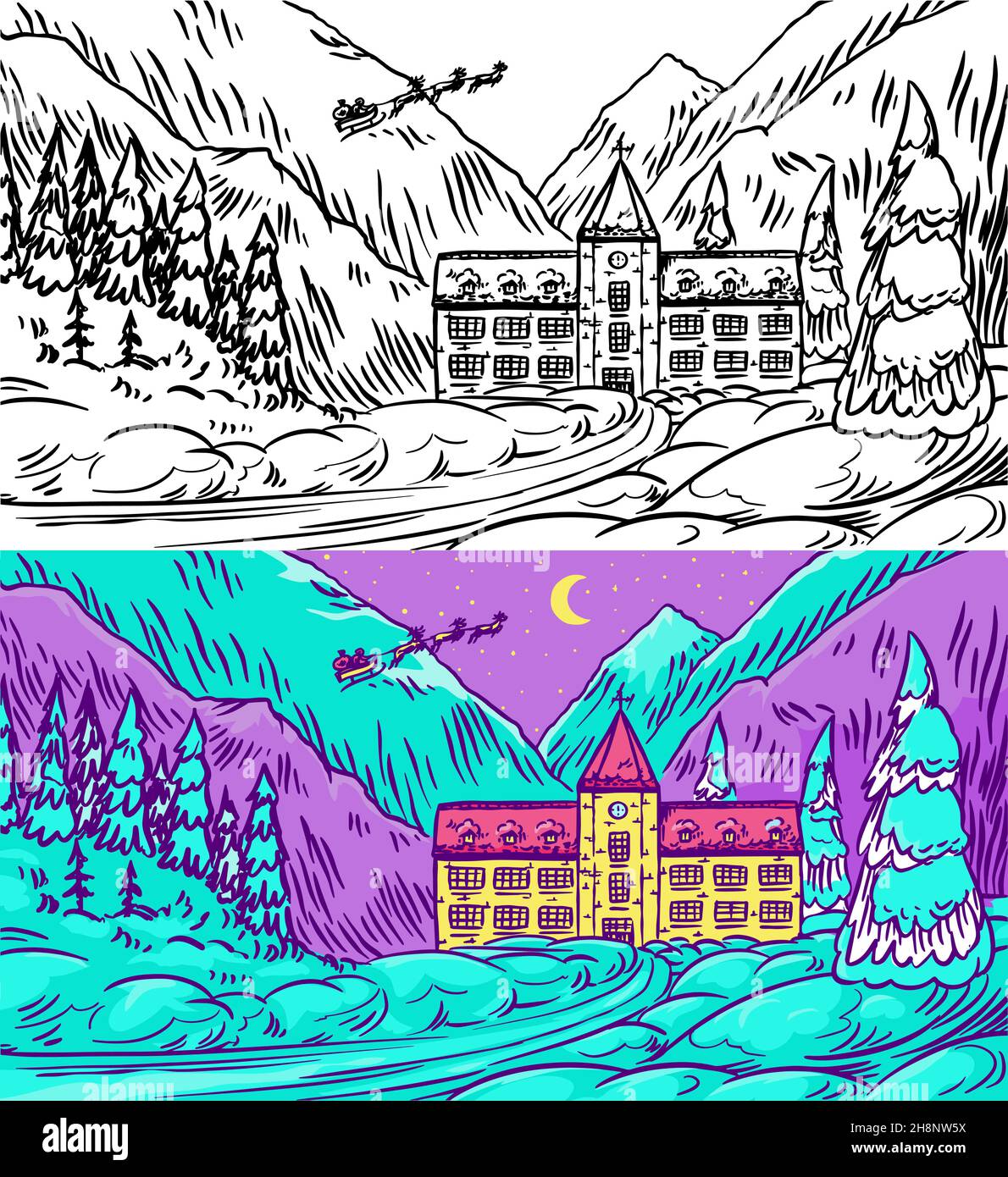 Winterlandschaft mit Bergen und Schnee auf blauem Hintergrund. Weihnachtswald mit Tannen und Schloss. weihnachtsmann. Handgezeichnete Skizze. Vintage Stock Vektor