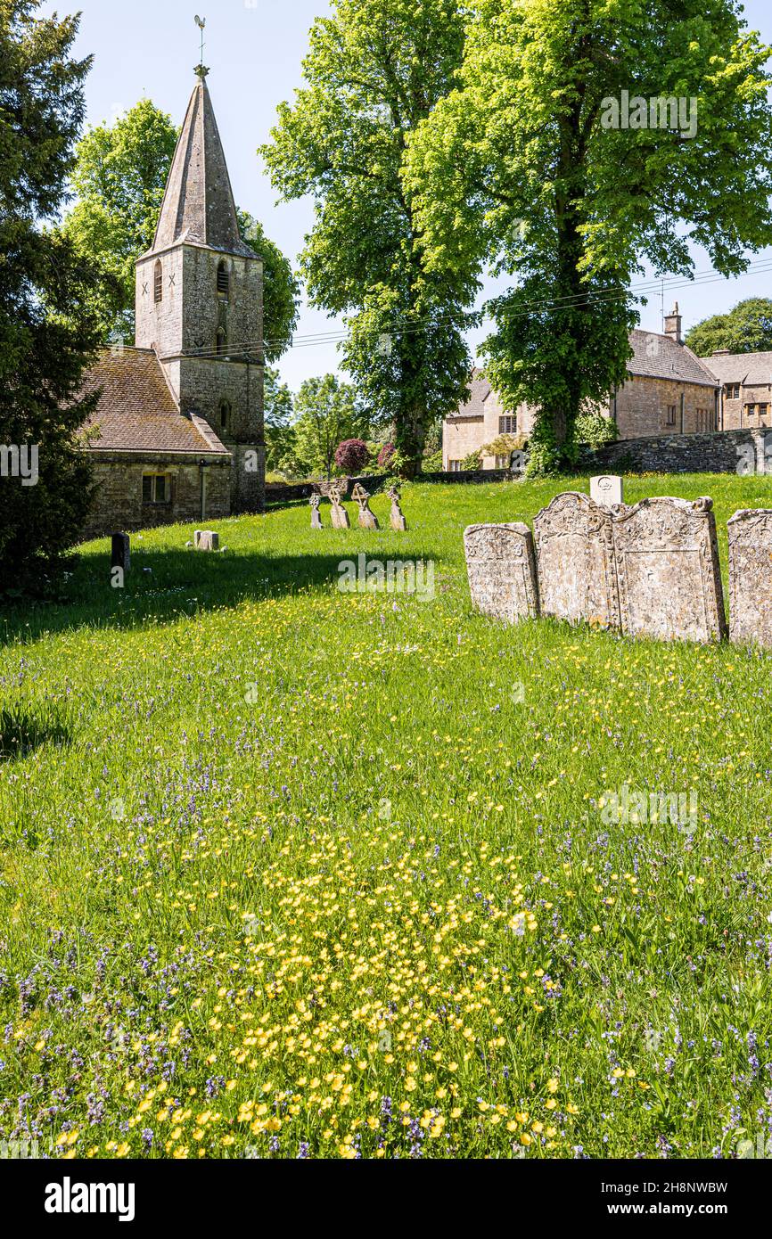 Die Kirche St. Bartholemew aus dem 12th. Jahrhundert und das Herrenhaus im Cotswold-Dorf Notgrove, Gloucestershire, Großbritannien Stockfoto