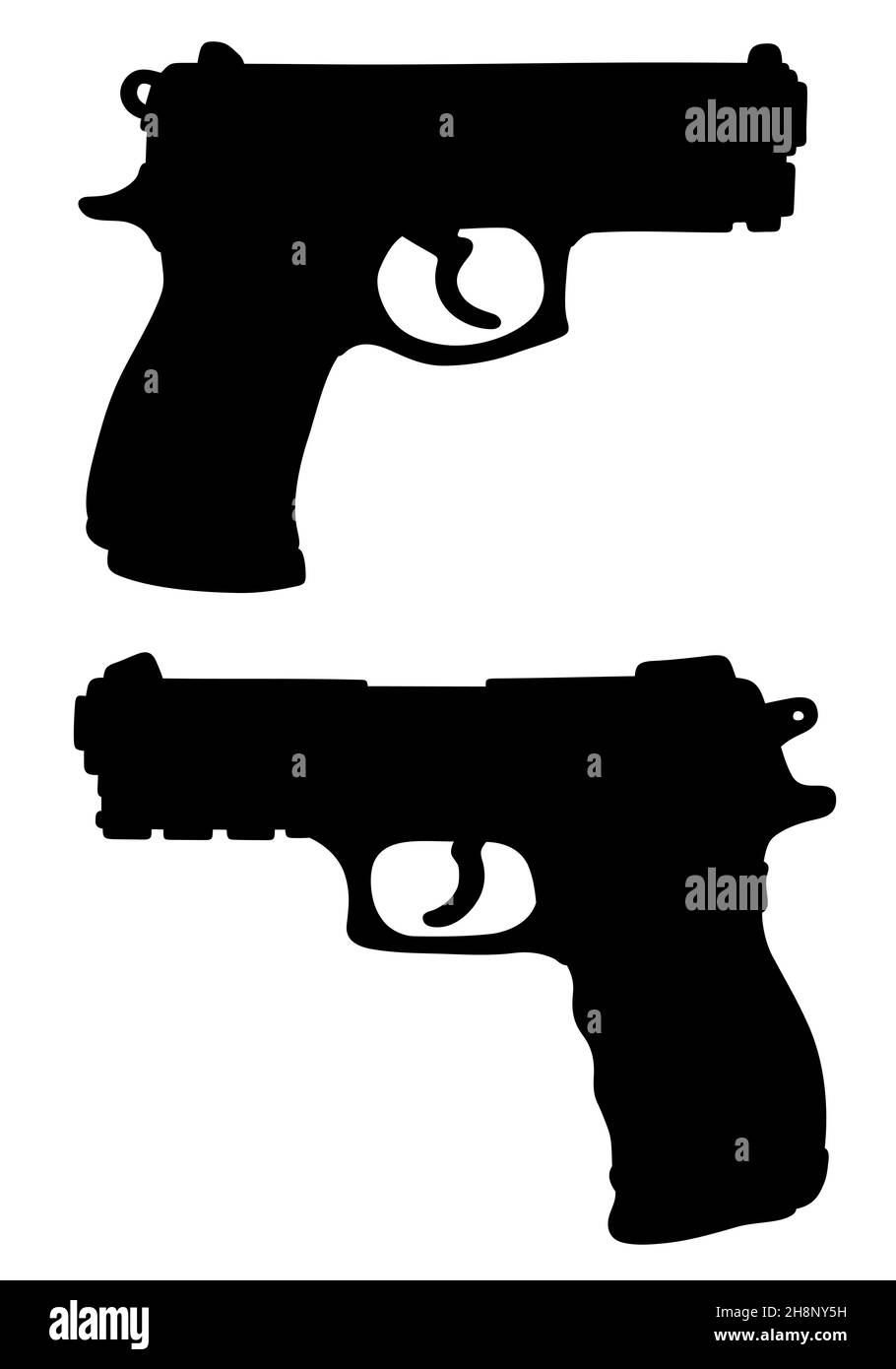 Handzeichnung einer schwarzen Silhouette von zwei Handfeuerwaffen Stockfoto