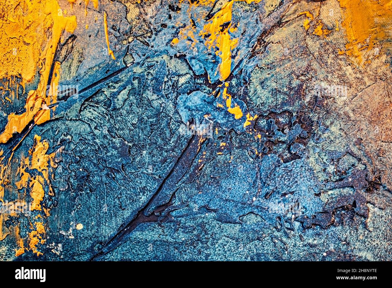 Textur aus blau-goldenem dekorativem Gips. Kreativer Hintergrund. Stockfoto