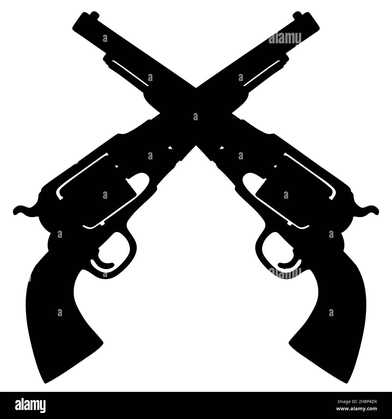 Handzeichnung von schwarzen Silhouetten von zwei Vintage-Revolvern aus dem Wilden Westen Stockfoto