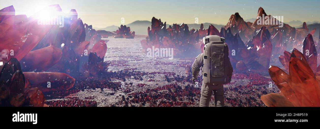 astronaut auf einem fremden Planeten, Exoplanetenlandschaft mit riesigen Kristallen Stockfoto