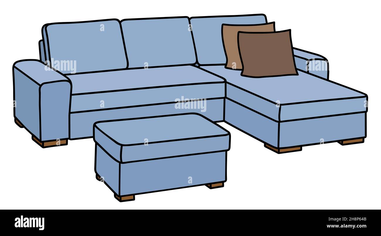 Handzeichnung einer großen hellblauen Couch mit zwei braunen Kissen Stockfoto