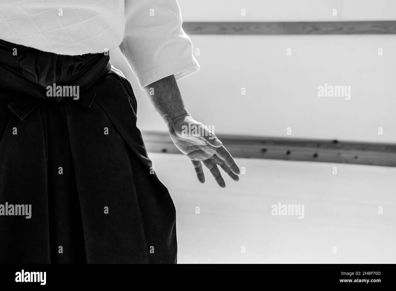 Mann, der Aikido in einem Dojo-Hintergrund übt. Stockfoto