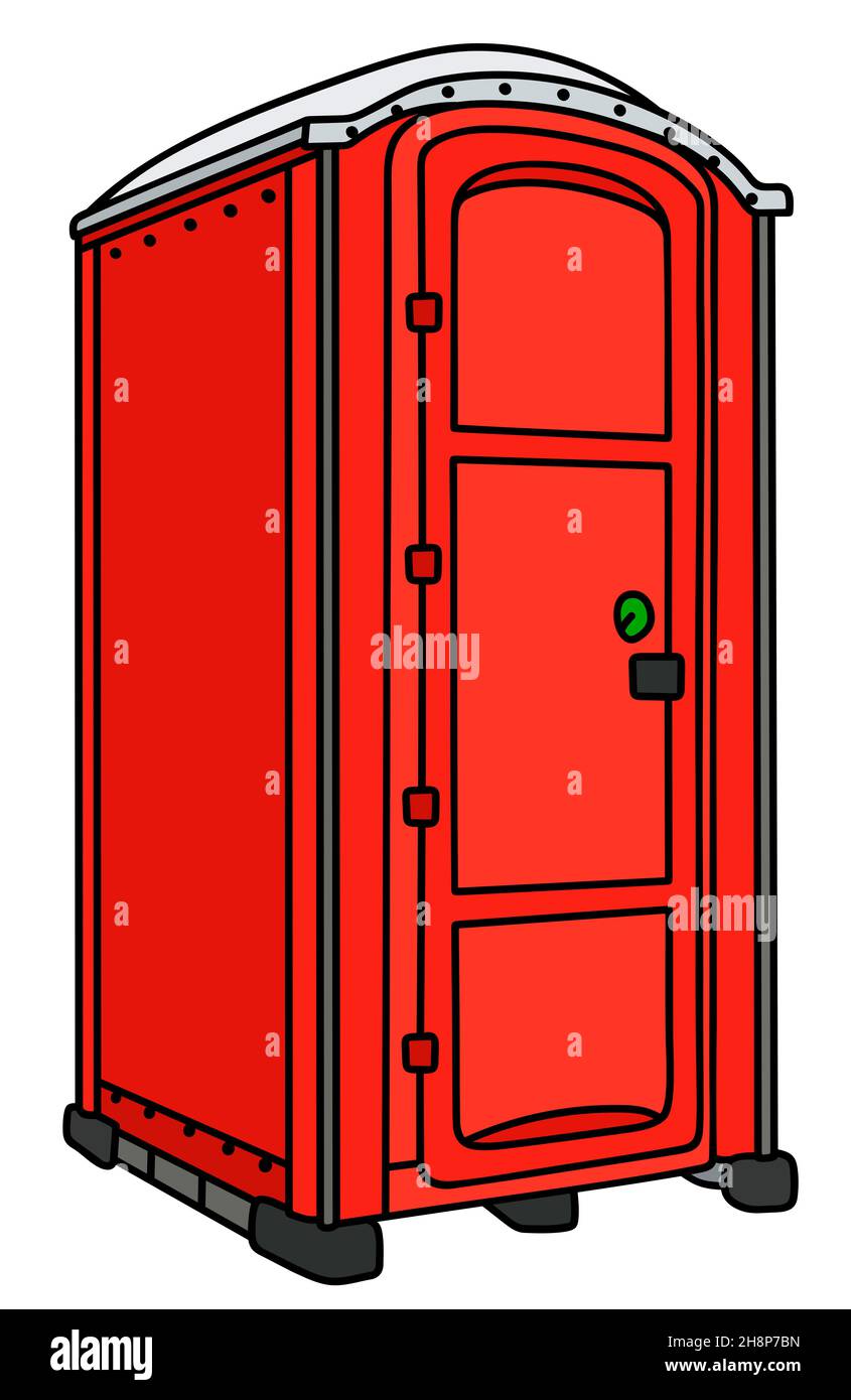 Handzeichnung einer roten Kunststoff-Mobiltoilette Stockfoto