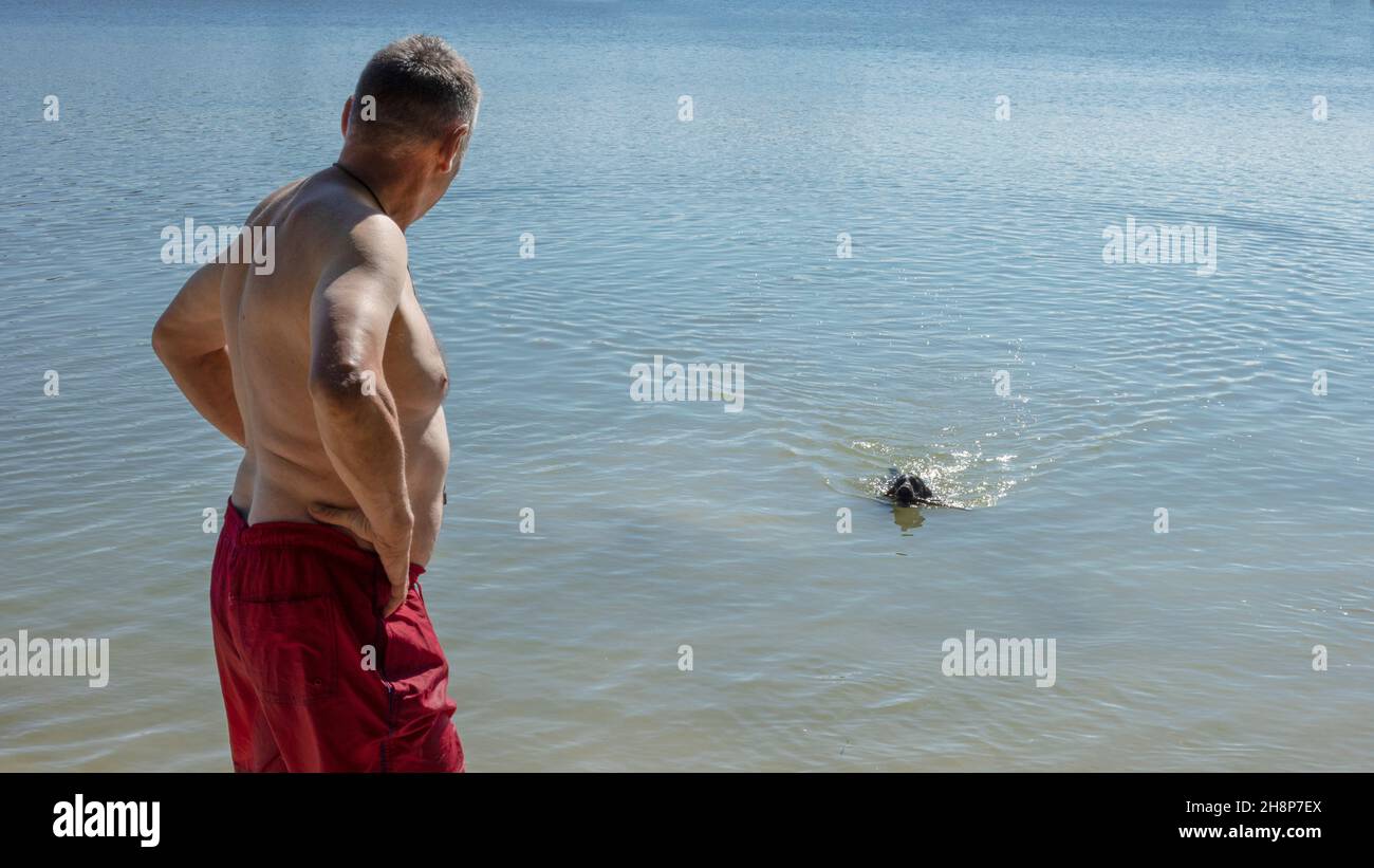 Ein älterer Mann in roten Shorts steht am See und beobachtet einen Hund beim Schwimmen Stockfoto