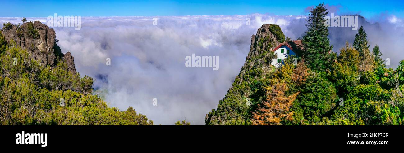 Wandern in den felsigen Bergen der Insel Madeira. Weg zum höchsten Punkt des Pico Ruivo, vorbei in den Wolken Stockfoto