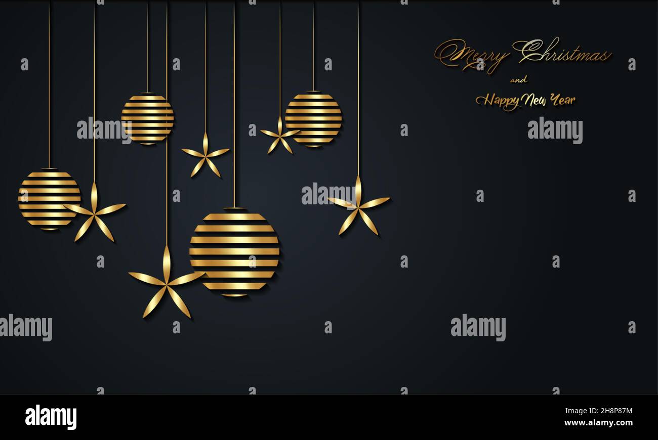 Weihnachts-Luxus-Weihnachtsbanner mit handgeschriebenen goldenen Frohe Weihnachten und Frohe Neujahrsgrüße und goldfarbenen Weihnachtskugeln. Vektor Stock Vektor