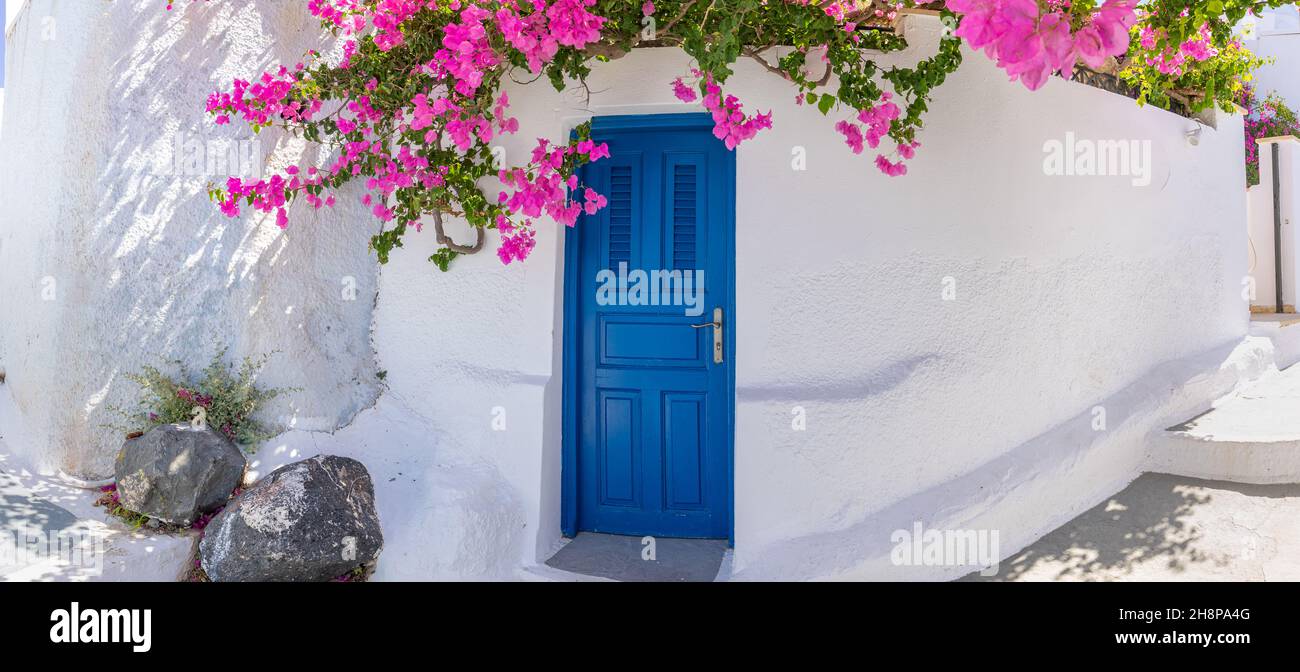 Romantische blaue Tür mit rosa Blumen, idyllische Natur. Paar Flitterwochen Ziel, städtische Straße Banner. Santorini, Griechenland Stockfoto
