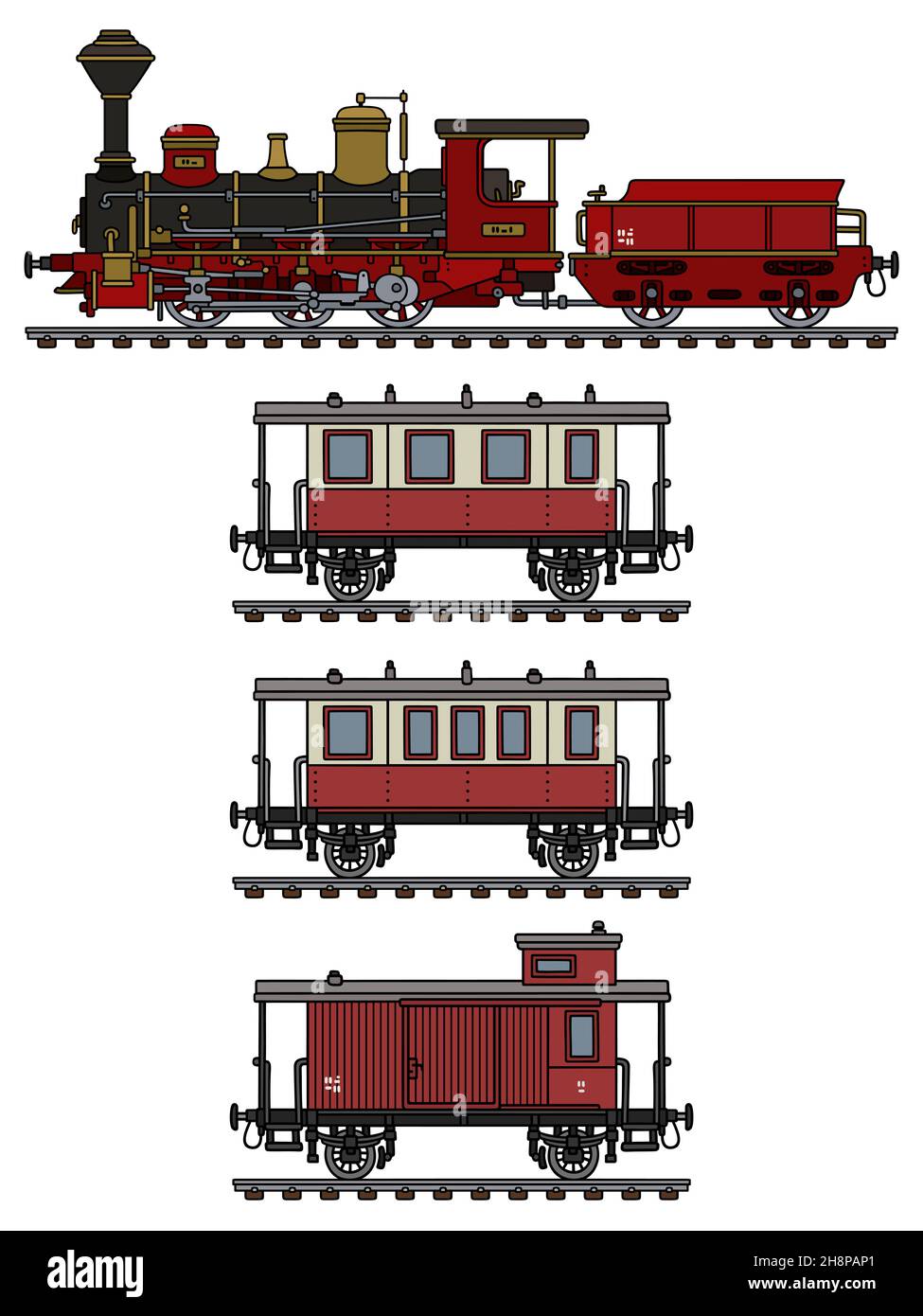 Handzeichnung einer alten roten Dampfeisenbahn Stockfoto