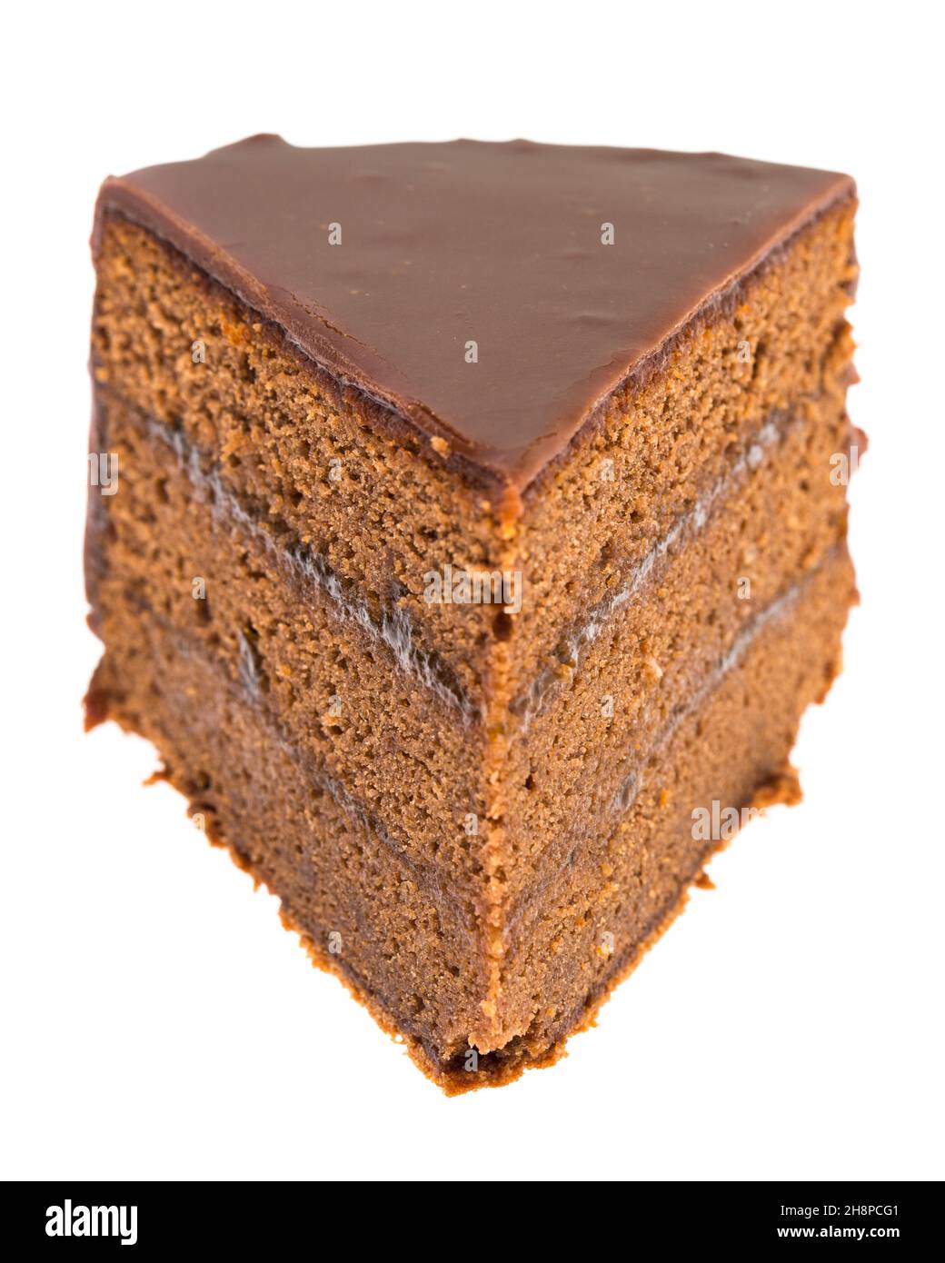 Ein Stück Sacher-Kuchen isoliert auf weißem Hintergrund Sacher-Kuchen, Schokoladenkuchen, Hintergrund, weiß, Kuchen, Schokolade, ganz, braun Stockfoto
