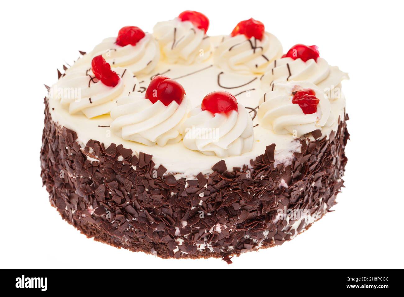 Eine ganze schwarze Waldkuchen isoliert auf weißem Hintergrund Kuchen, ganze, schwarze Waldkuchen, Schokolade, Cremekuchen, Rahm, Kirschen, Kirschkuchen Stockfoto