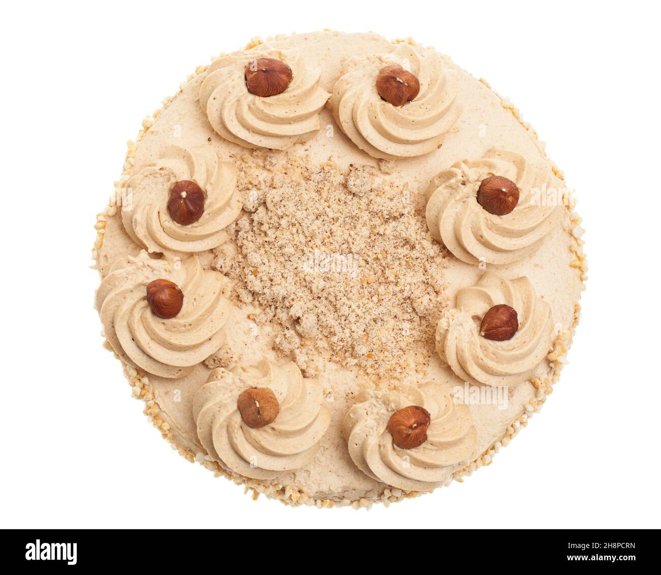 Nusskuchen von oben auf weißem Hintergrund Nusskuchen, Nusskuchen brüchig, Nusskuchen, Hintergrund, weiß, Kuchen, Dekoration, Creme, Top Stockfoto