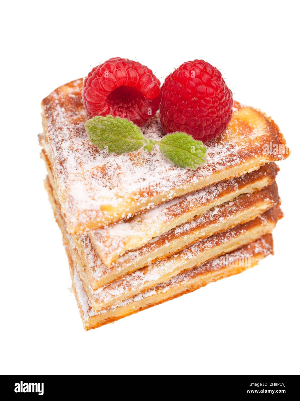 Stapel Waffeln mit Himbeeren Waffeln, frisch, Stapel, Himbeeren, weiß, Waffelstücke, Hintergrund, Herzen, mehrere Cluster, knackig Stockfoto