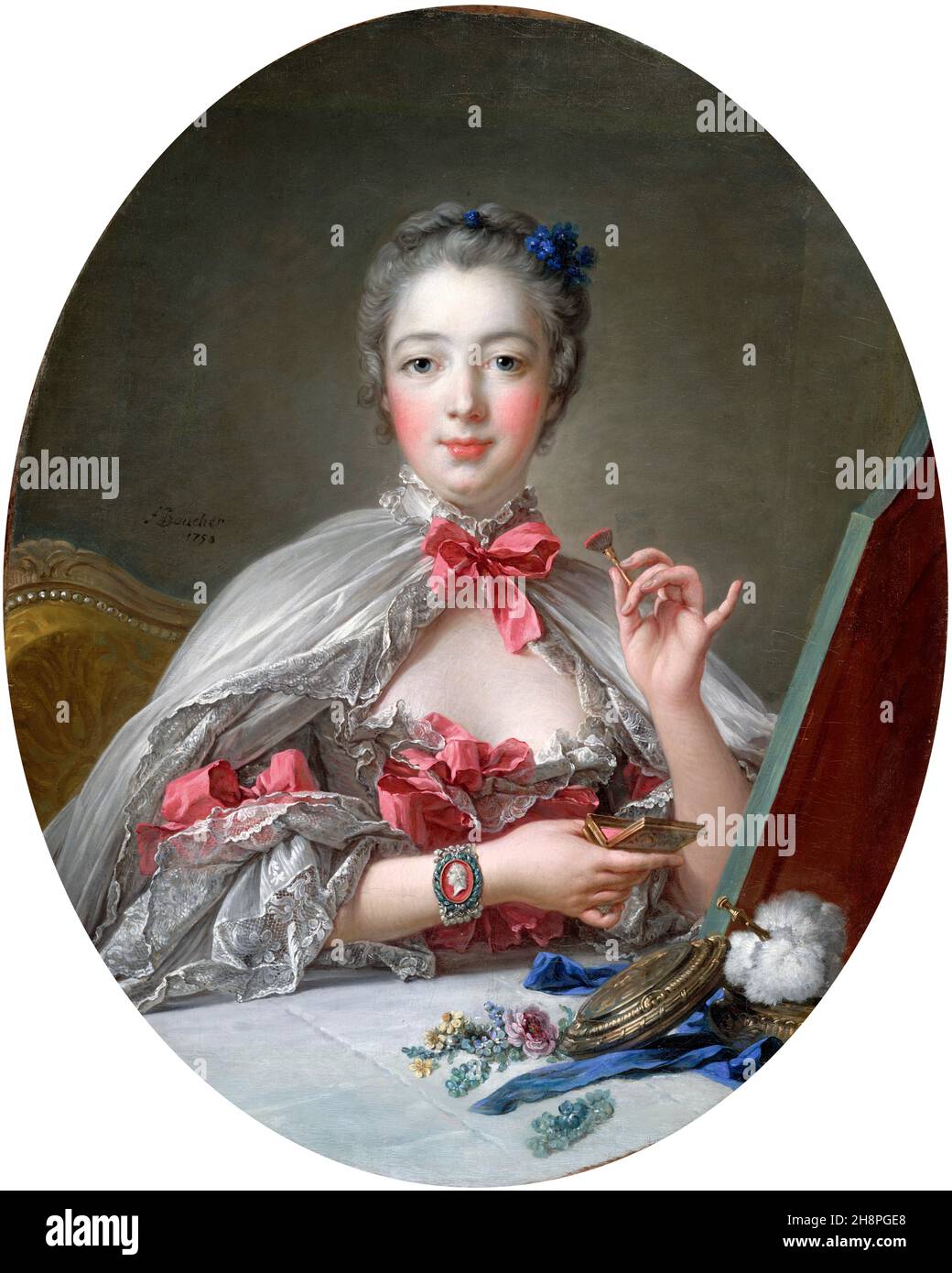 Madame de Pompadour. Porträt von Jeanne Antoinette Poisson, Marquise de Pompadour (1721-1764) von Francois Boucher, Öl auf Leinwand, 1750. Madame de Pompadour war von 1745 bis 1751 Mitglied des französischen Hofes und offizielle Hauptherrin von Ludwig XV. Stockfoto