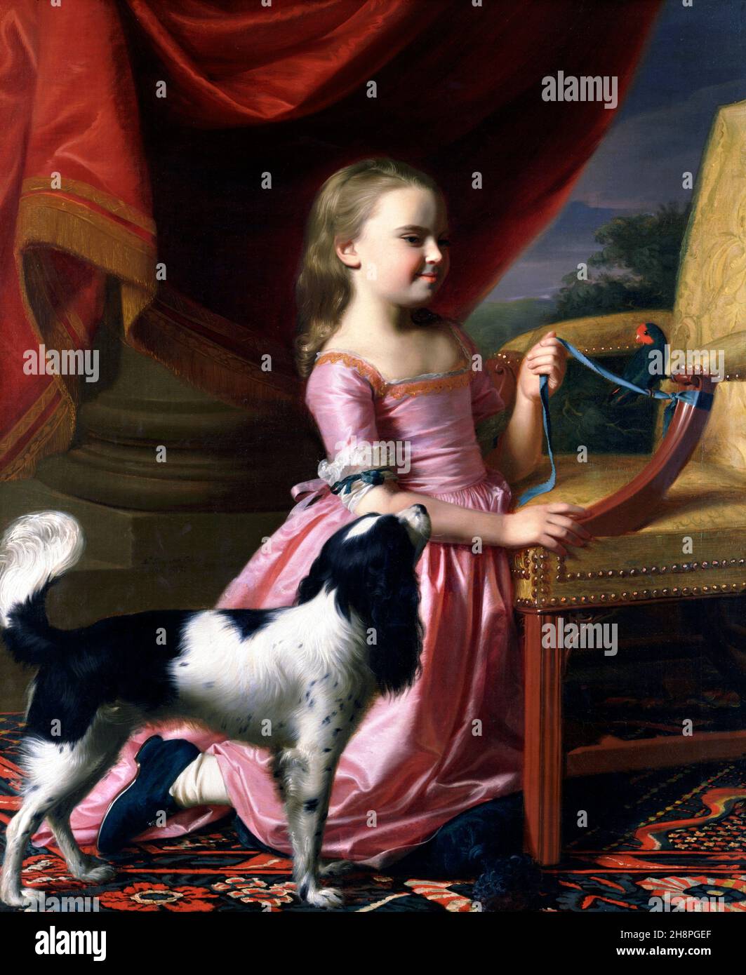 Young Lady with a Bird and a Dog von John Singleton Copley (1738–1815), Öl auf Leinwand, 1767 Stockfoto