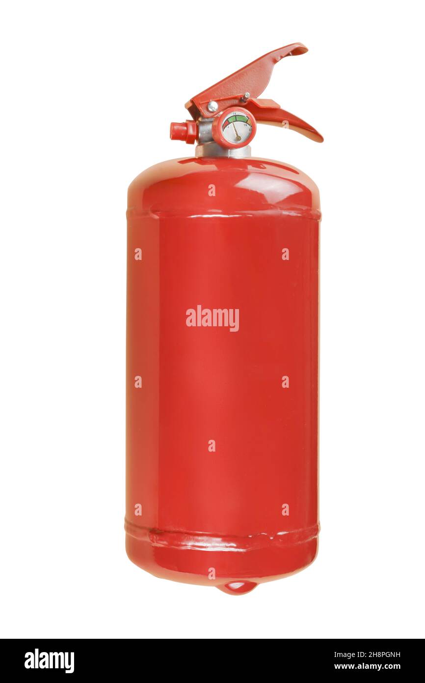 Nahaufnahme des roten Feuerlöschers. Isoliert auf weißem, Beschneidungspfad enthalten Stockfoto