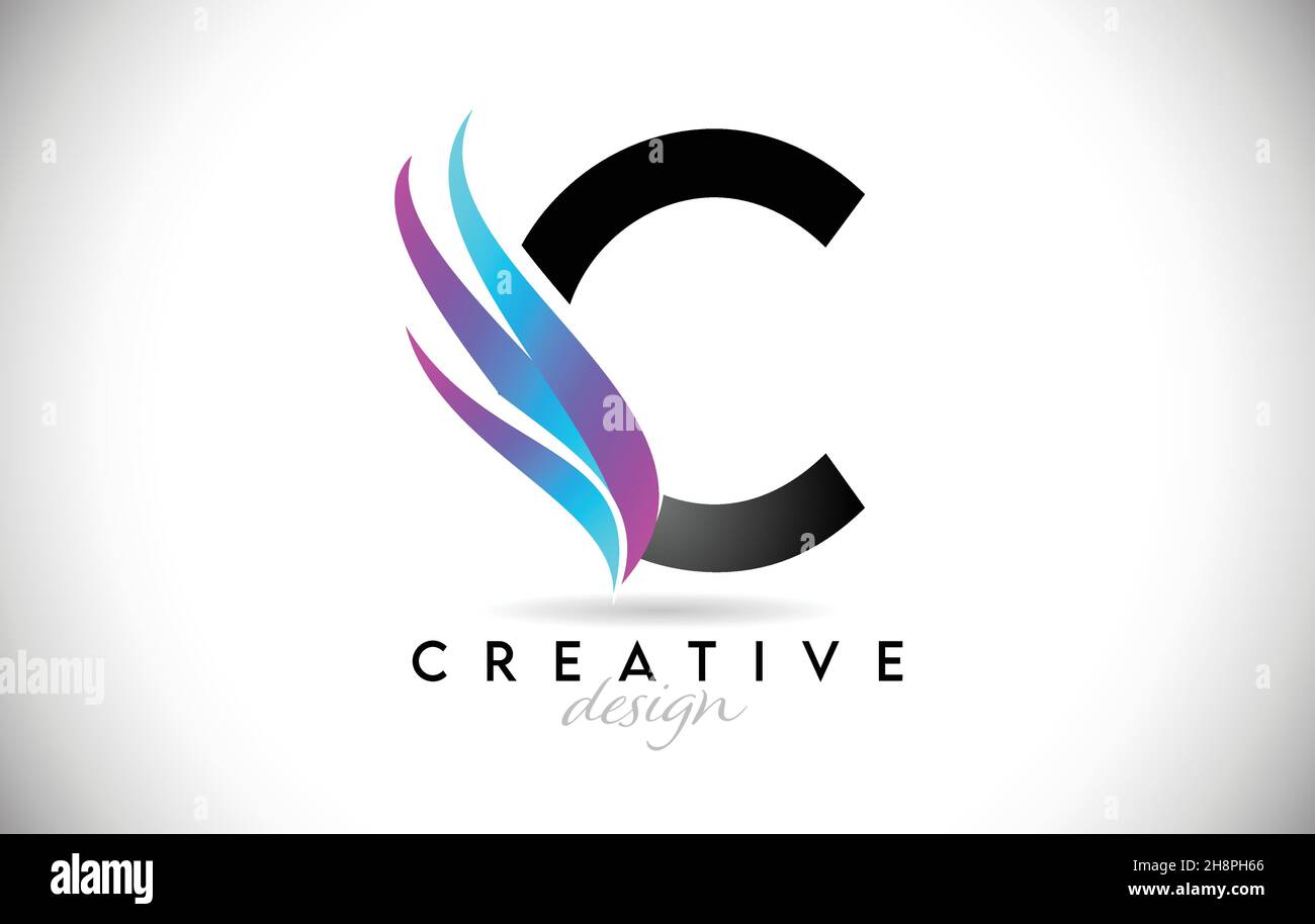 Buchstabe C Logo mit kreativen Farbverlauf Swooshes. Kreatives, elegantes Buchstaben-C-Design mit farbenprächtiger blau-violetter Vektor-Ikone. Stock Vektor