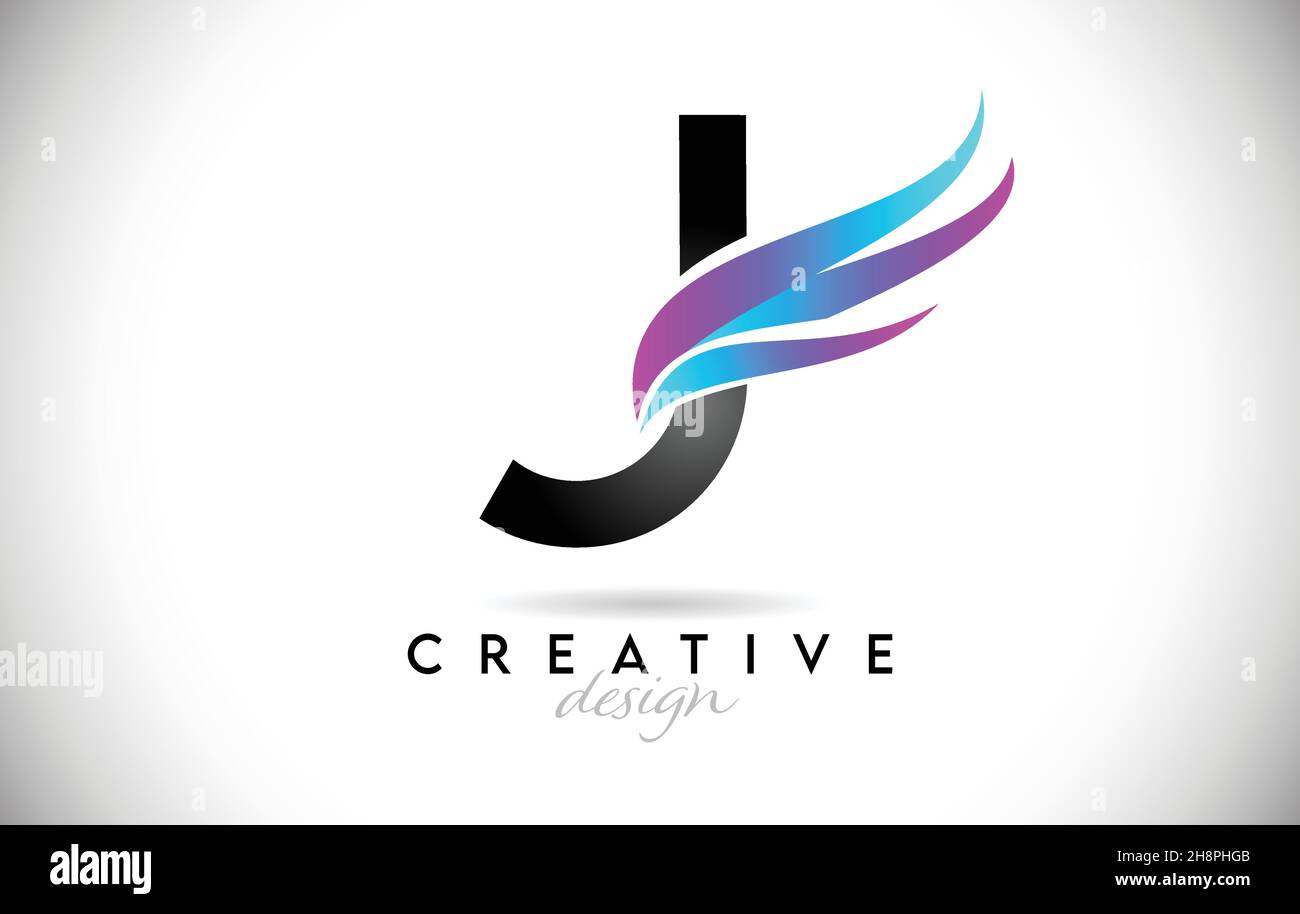 J-Logo mit kreativem Farbverlauf. Kreatives elegantes Buchstabe J-Design mit farbenprächtiger blau-violetter Vektor-Ikone. Stock Vektor