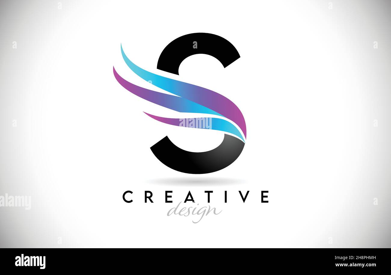 Buchstabe S Logo mit kreativen Farbverlauf Swooshes. Kreatives elegantes Letter S-Design mit farbenprächtiger blau-violetter Vektor-Ikone. Stock Vektor