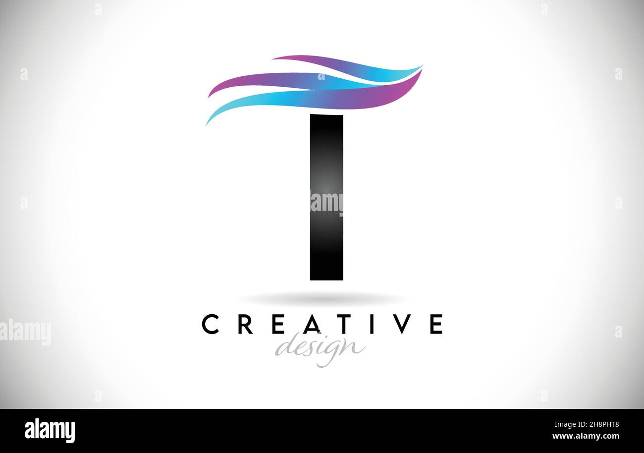 T-Logo mit kreativem Farbverlauf. Kreatives elegantes T-Motiv mit farbenprächtiger blau-violetter Vektor-Ikone. Stock Vektor