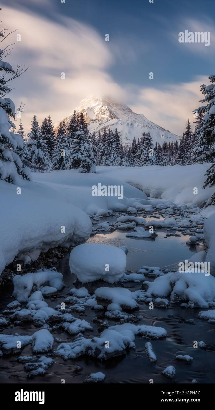 Schneeverwehung mit Blick auf Mount Chester in Kananaskis, Alberta. . Der Chester Lake Trail befindet sich im Kananaskis Provincial Park und ist V Stockfoto