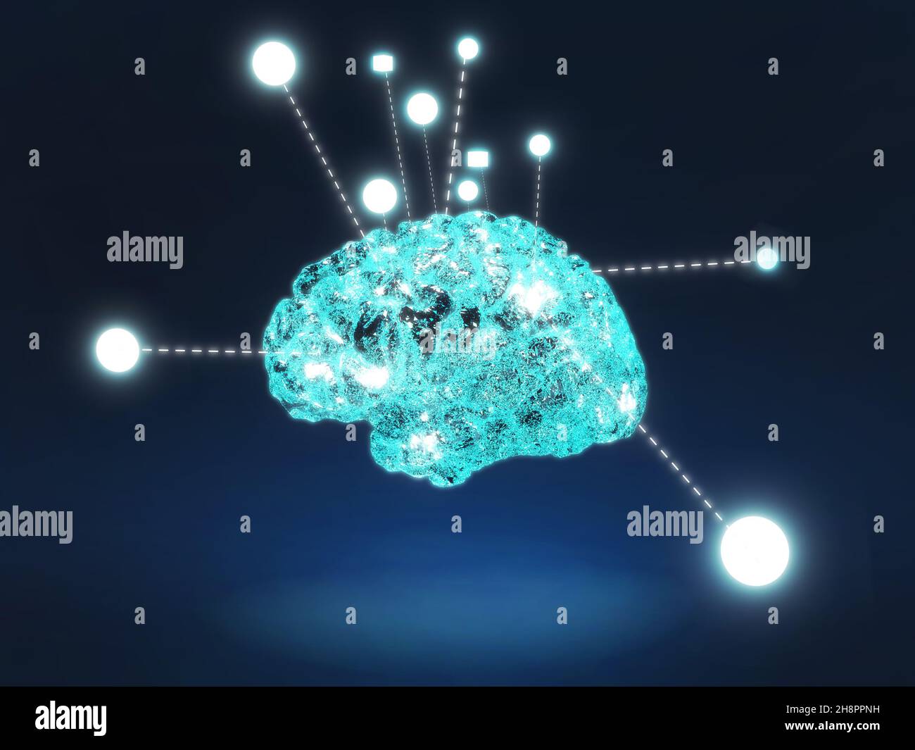 Eine Illustration eines Gehirns mit Gedanken und Ideen Stockfoto