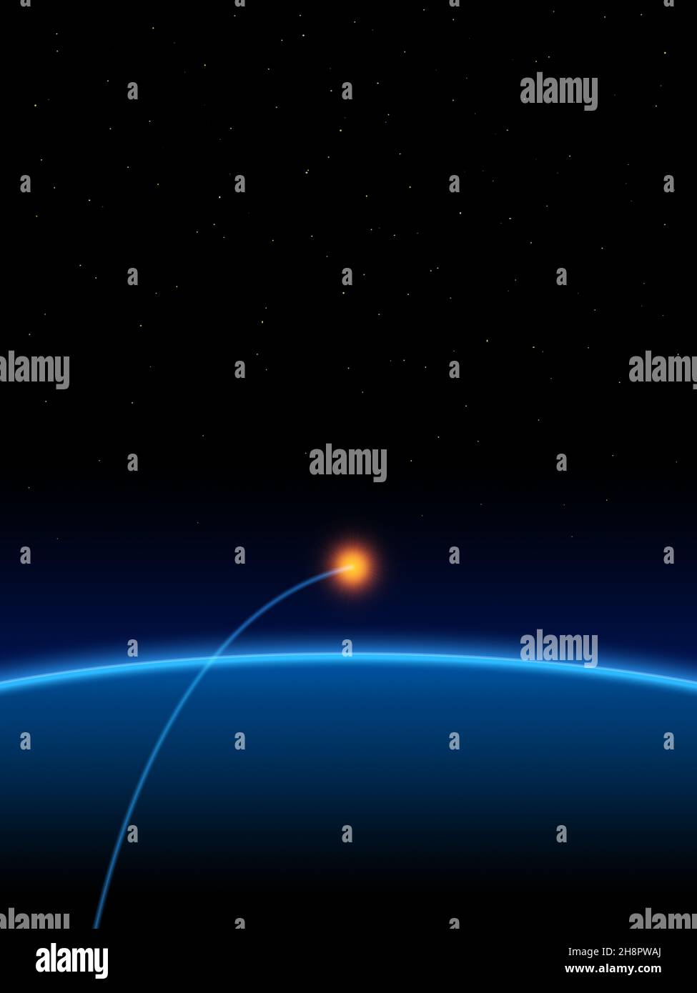 Eine bläuliche Linie mit einem glühenden Strahl, der im Weltraum über einem Planeten kreist - Illustration Stockfoto