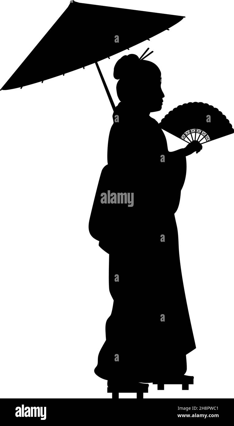 Silhouette einer Frau in nationalem asiatischem Kostüm mit Fächer und Regenschirm. Stock Vektor Silhouette einer Frau in nationalem asiatischem Kostüm mit Fächer und Regenschirm. Stock Vektor