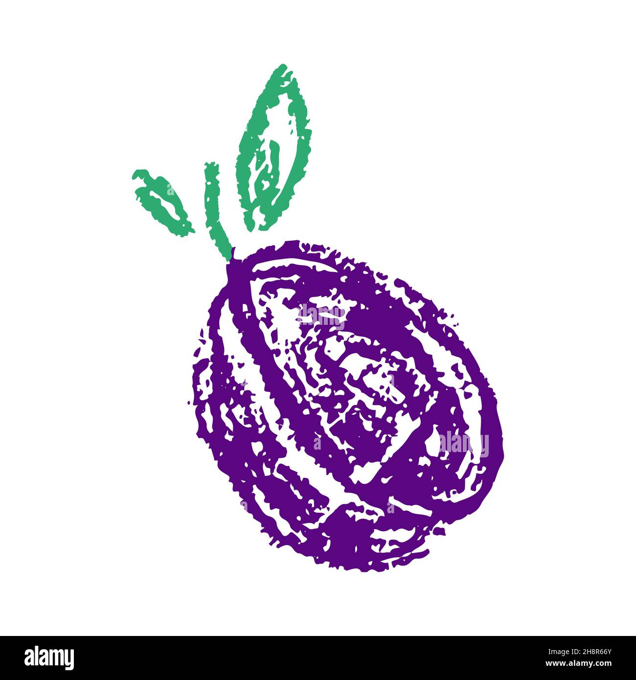 Symbol im Handzeichnen-Stil. Pflaume. Zeichnen mit Wachsmalstiften, Kreativität der Kinder. Vektorgrafik. Schild, Symbol, Stift, Aufkleber Stock Vektor