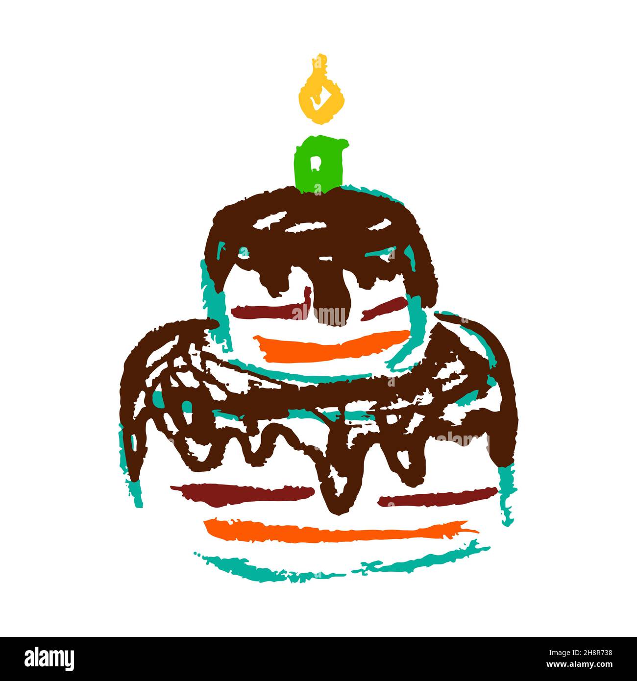 Kuchen. Symbol im Handzeichnen-Stil. Zeichnen mit Wachsmalstiften, farbiger Kreide, Kinderkreativität. Vektorgrafik. Schild, Symbol, Stift Stock Vektor